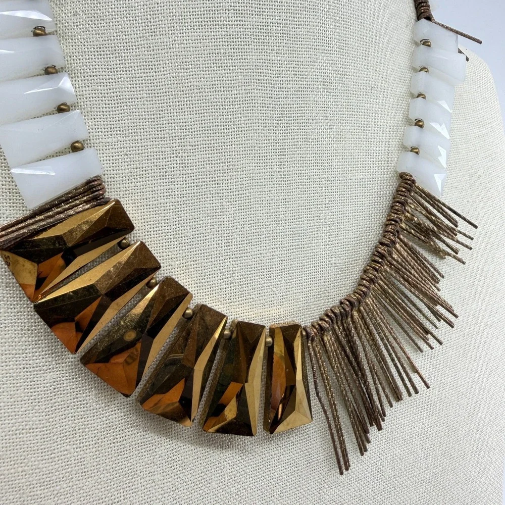 Bronze Tone  White  Geometric Bead Fringe Bib Necklace Boho Statement Jewelry